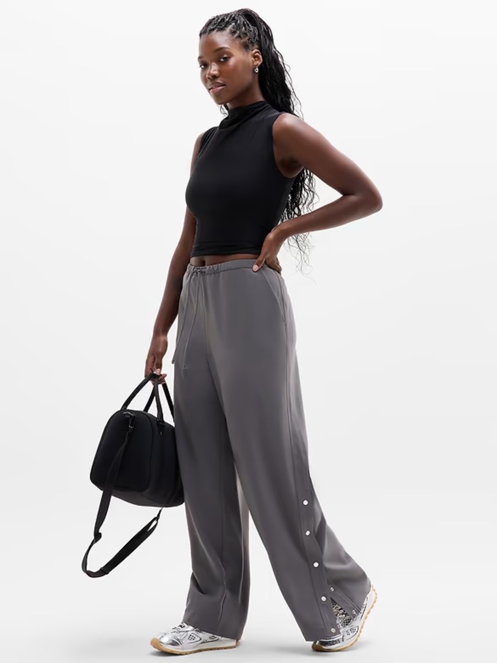 Athleta MVP Mid Rise Snap Pant Shadow Grey Wide Leg Athletic Size Small
